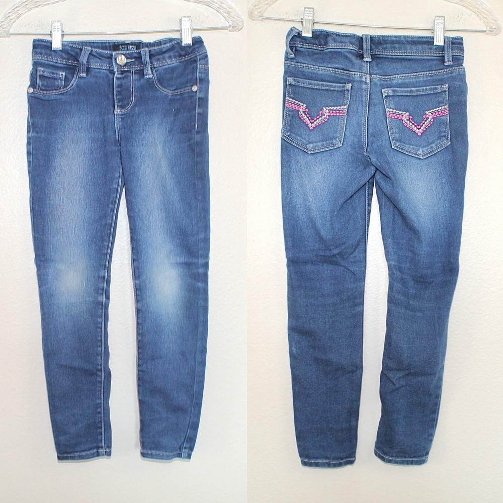 Squeeze Girls Medium Wash Pink Embroidered Back Pocket Denim Skinny Jeans Size 7